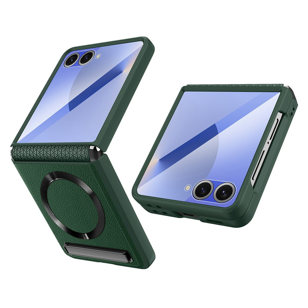 For Samsung Galaxy Z Flip7 5G Case Compatible with MagSafe Kickstand PC+PU Phone Cover with Screen / Lens Film - Green