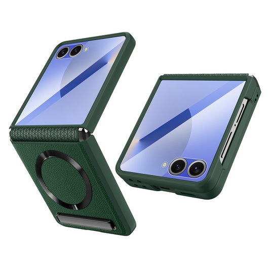 For Samsung Galaxy Z Flip7 5G Case Compatible with MagSafe Kickstand PC+PU Phone Cover with Screen / Lens Film - Green
