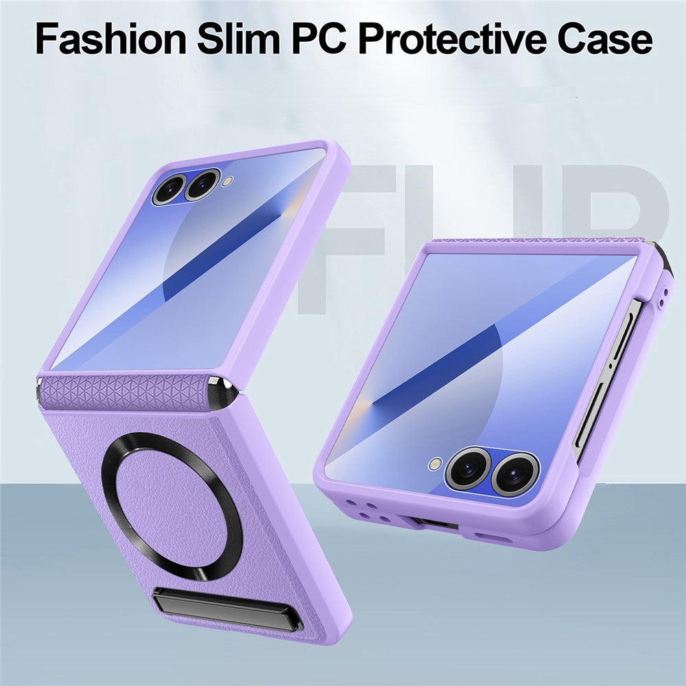 For Samsung Galaxy Z Flip7 5G Case Compatible with MagSafe Kickstand PC+PU Phone Cover with Screen / Lens Film - Green