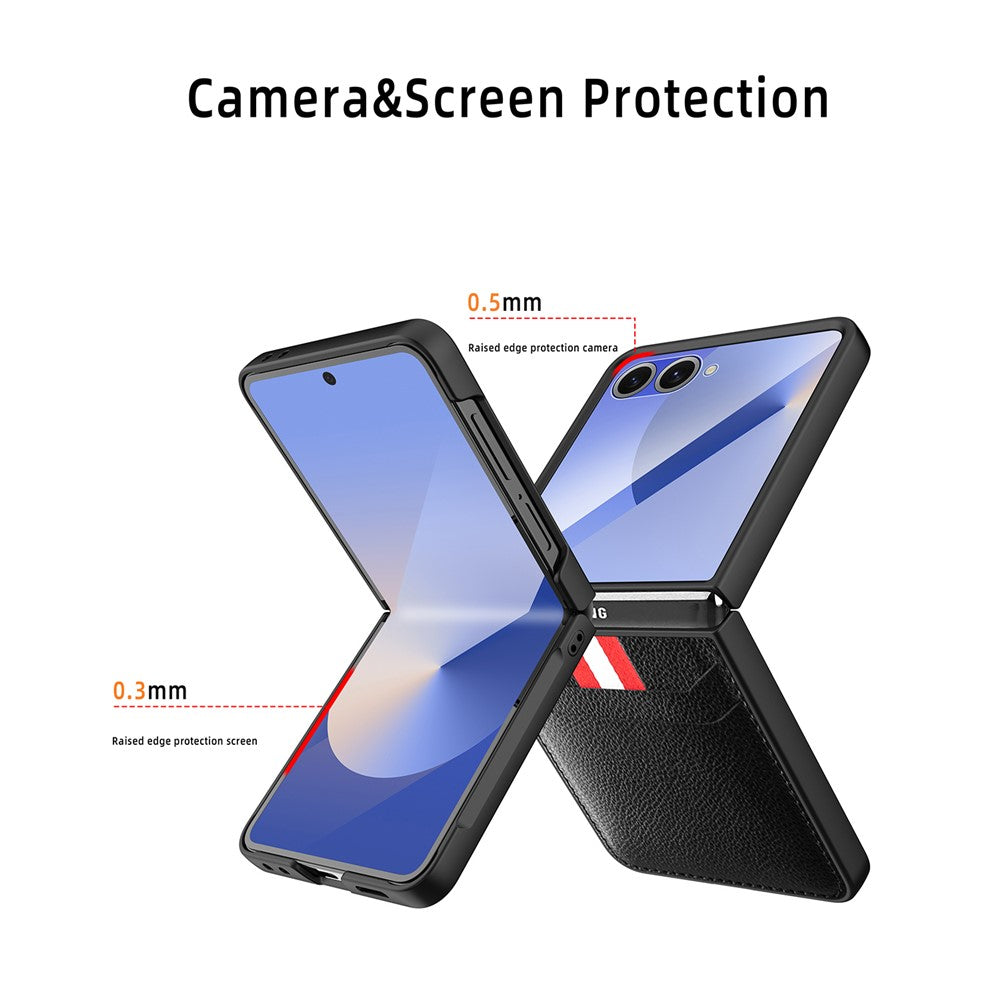 For Samsung Galaxy Z Flip7 5G Case Litchi Texture PU+PC Phone Cover with Screen / Lens Film - Blue