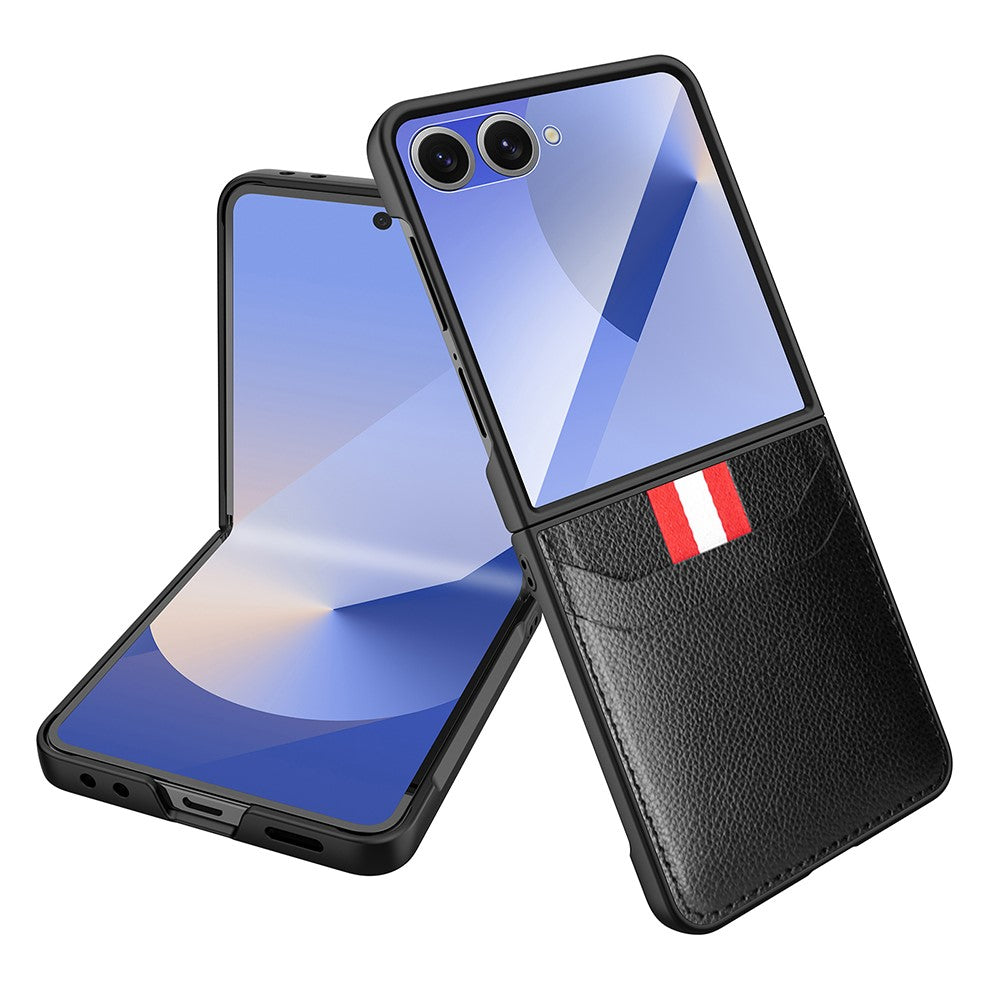 For Samsung Galaxy Z Flip7 5G Case Litchi Texture PU+PC Phone Cover with Screen / Lens Film - Black