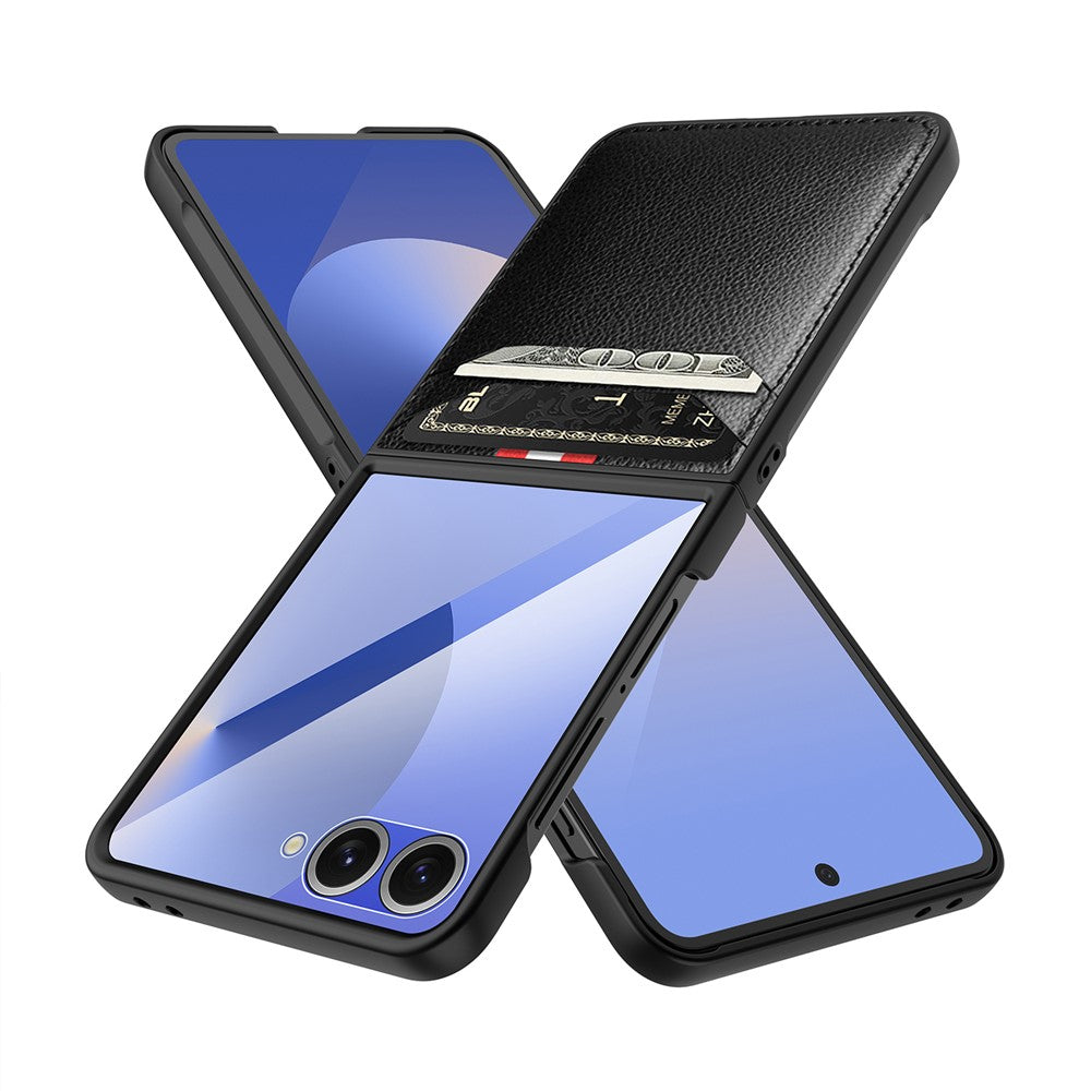 For Samsung Galaxy Z Flip7 5G Case Litchi Texture PU+PC Phone Cover with Screen / Lens Film - Black