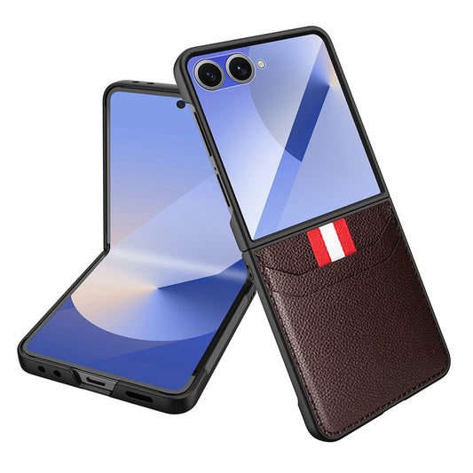 For Samsung Galaxy Z Flip7 5G Case Litchi Texture PU+PC Phone Cover with Screen / Lens Film - Brown