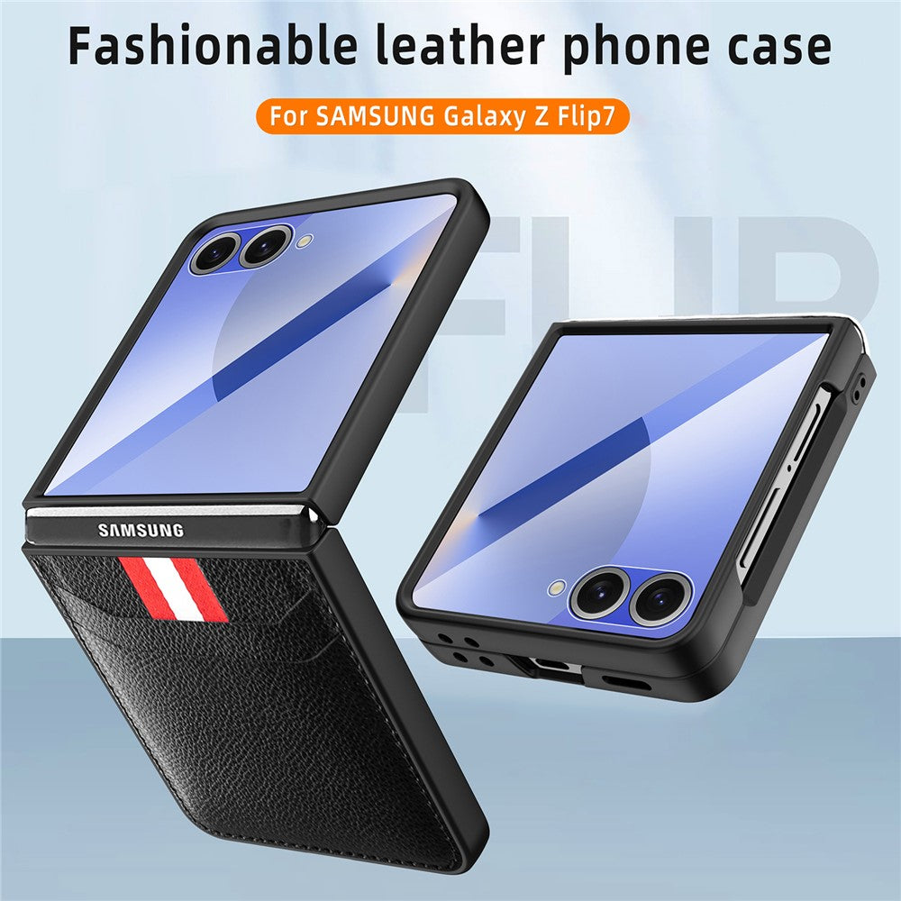 For Samsung Galaxy Z Flip7 5G Case Litchi Texture PU+PC Phone Cover with Screen / Lens Film - Brown