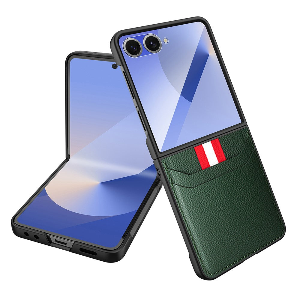 For Samsung Galaxy Z Flip7 5G Case Litchi Texture PU+PC Phone Cover with Screen / Lens Film - Green