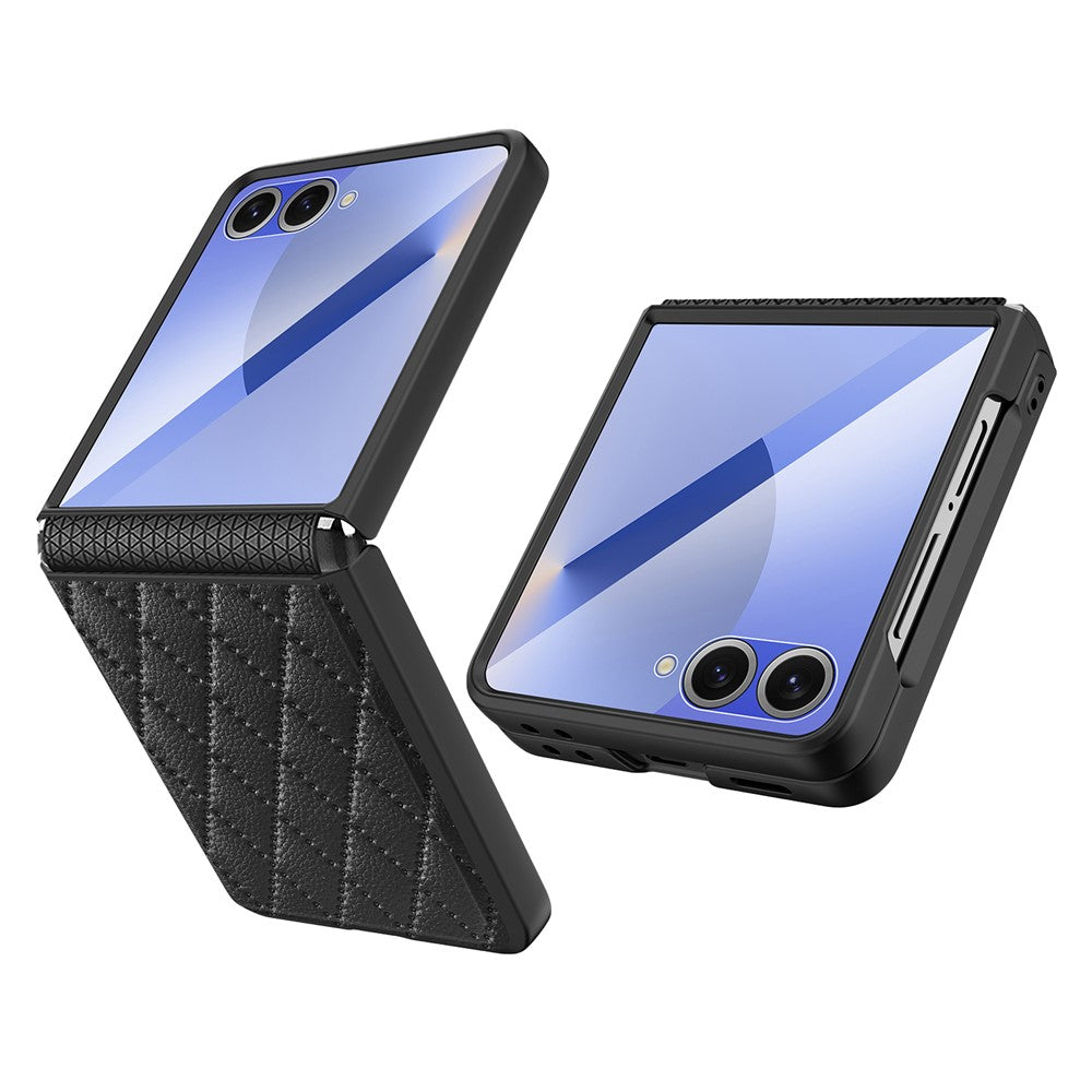 For Samsung Galaxy Z Flip7 5G Case Rhombus Imprint PU+Hard PC Phone Cover with Screen / Lens Film - Black