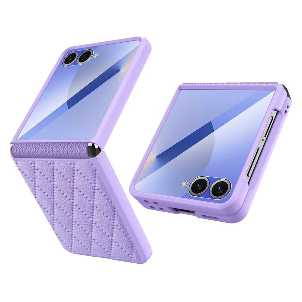 For Samsung Galaxy Z Flip7 5G Case Rhombus Imprint PU+Hard PC Phone Cover with Screen / Lens Film - Purple