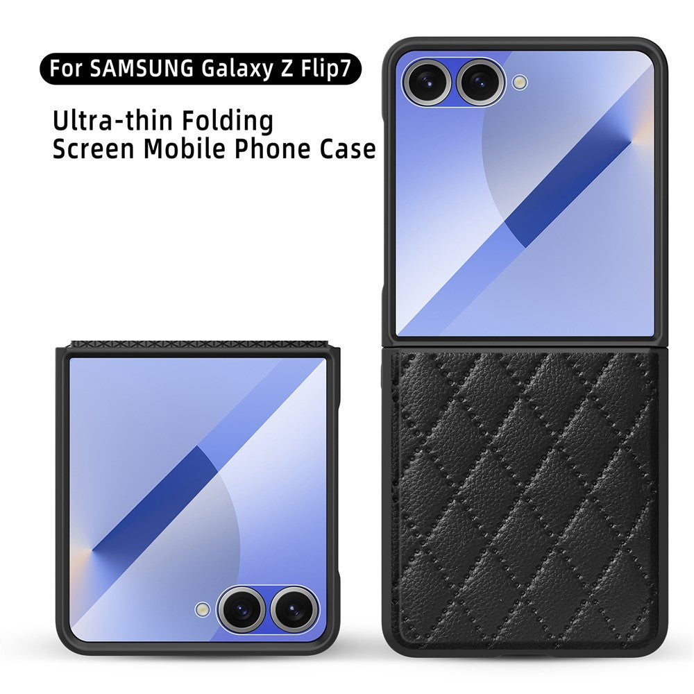 For Samsung Galaxy Z Flip7 5G Case Rhombus Imprint PU+Hard PC Phone Cover with Screen / Lens Film - Purple
