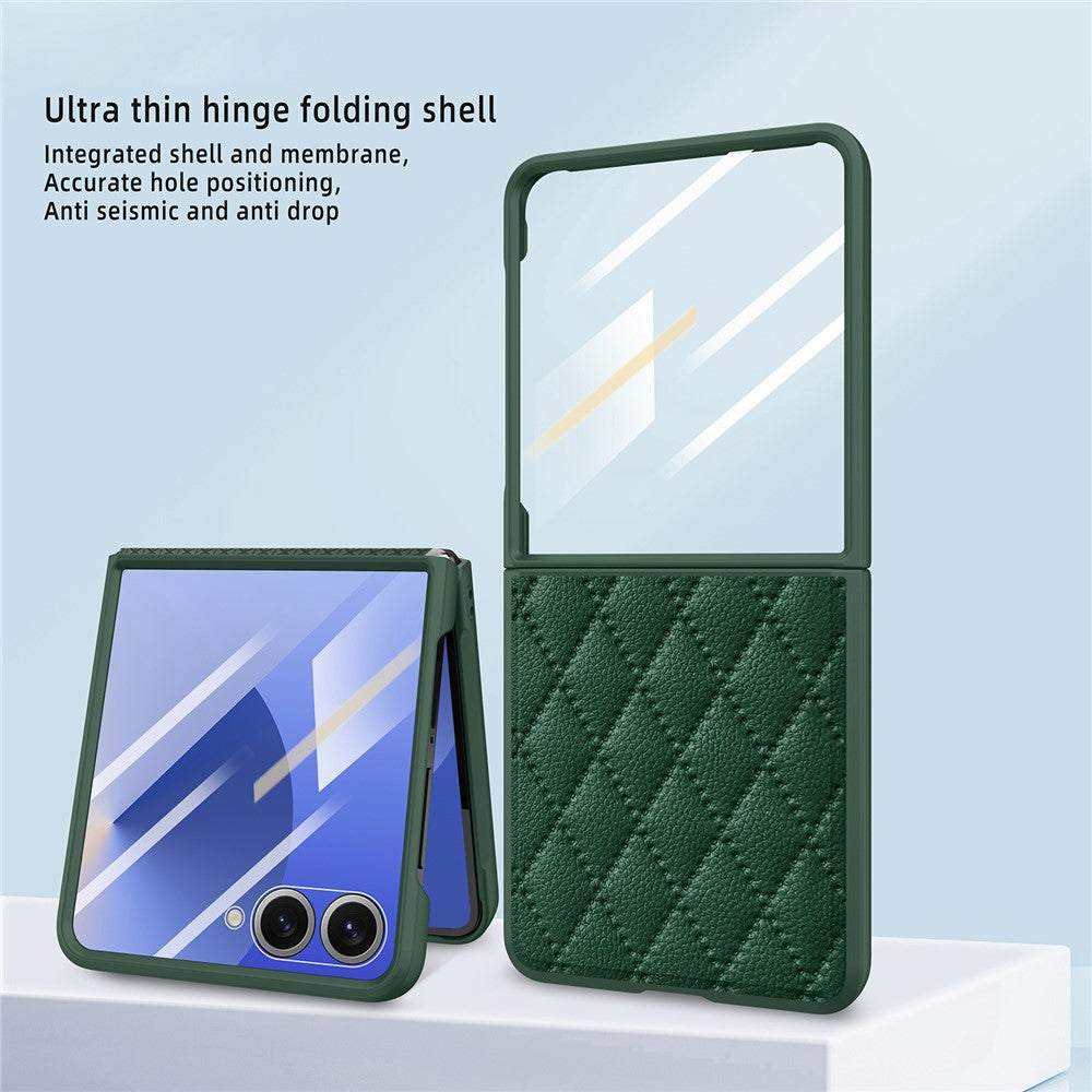 For Samsung Galaxy Z Flip7 5G Case Rhombus Imprint PU+Hard PC Phone Cover with Screen / Lens Film - Purple