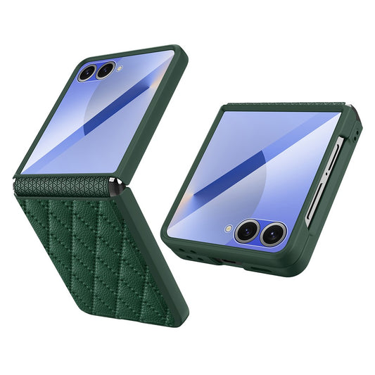 For Samsung Galaxy Z Flip7 5G Case Rhombus Imprint PU+Hard PC Phone Cover with Screen / Lens Film - Green