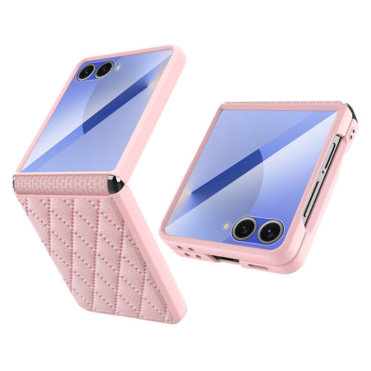 For Samsung Galaxy Z Flip7 5G Case Rhombus Imprint PU+Hard PC Phone Cover with Screen / Lens Film - Pink