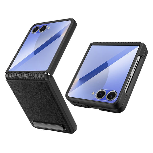 For Samsung Galaxy Z Flip7 5G Case Kickstand PC+PU Phone Cover with Screen  /  Lens Film - Black