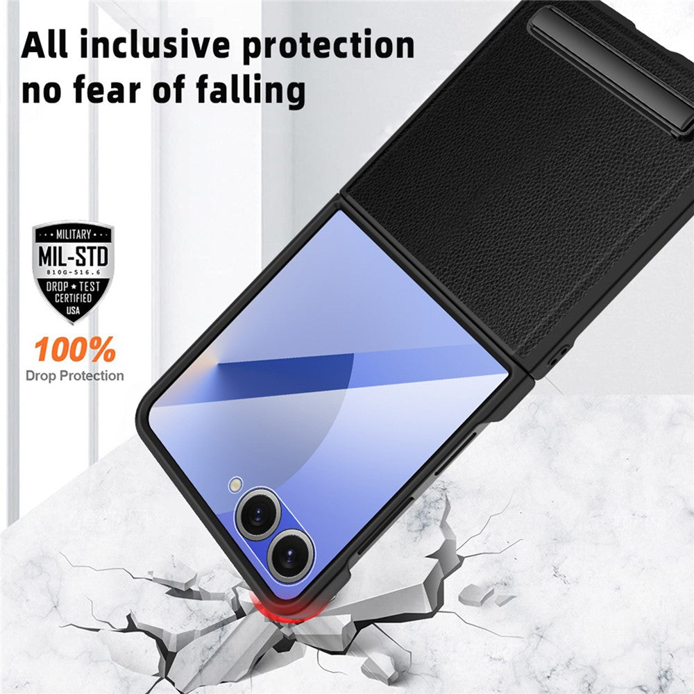 For Samsung Galaxy Z Flip7 5G Case Kickstand PC+PU Phone Cover with Screen  /  Lens Film - Green