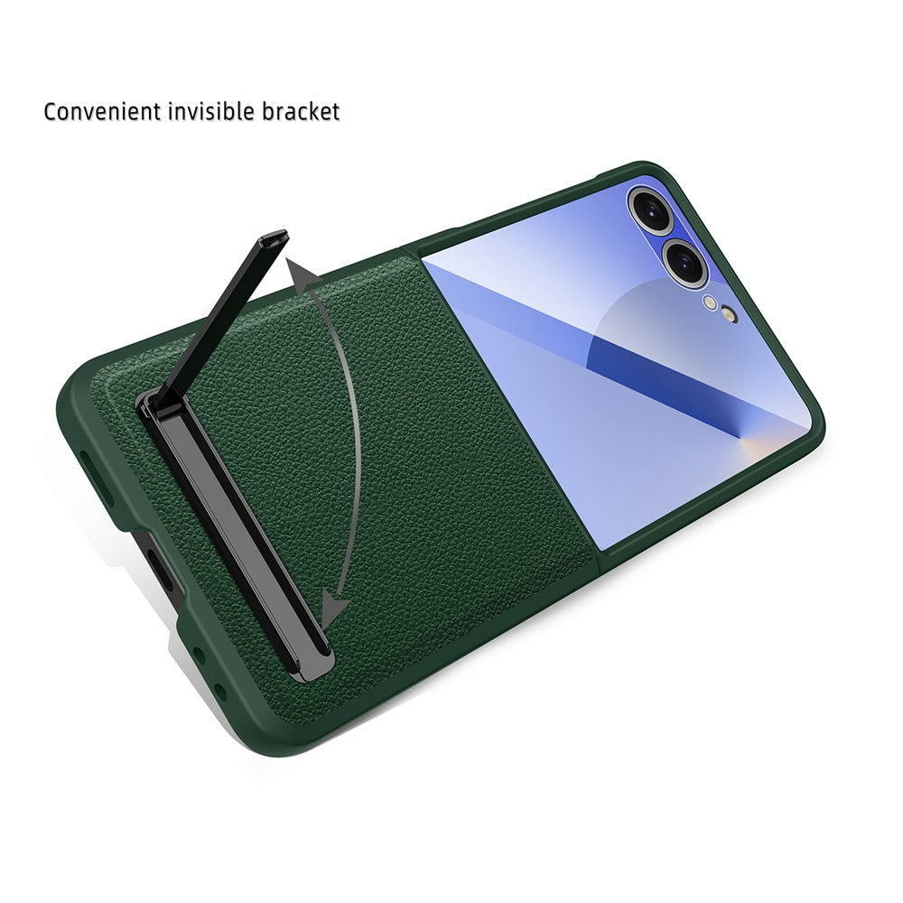 For Samsung Galaxy Z Flip7 5G Case Kickstand PC+PU Phone Cover with Screen  /  Lens Film - Green