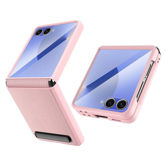 For Samsung Galaxy Z Flip7 5G Case Kickstand PC+PU Phone Cover with Screen  /  Lens Film - Pink
