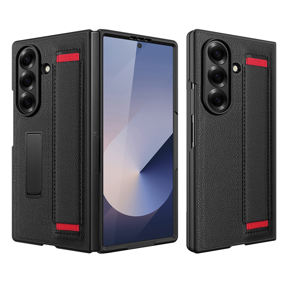 For Samsung Galaxy Z Fold7 5G Case Litchi Texture PU+PC Wristband Phone Cover with Screen  /  Lens Film - Black  /  Red