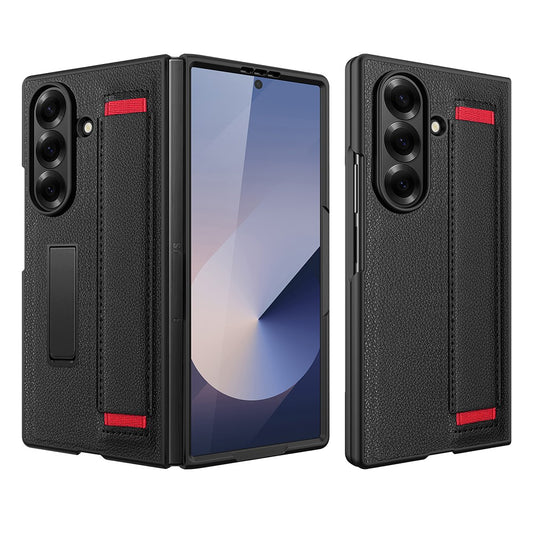For Samsung Galaxy Z Fold7 5G Case Litchi Texture PU+PC Wristband Phone Cover with Screen  /  Lens Film - Black  /  Red