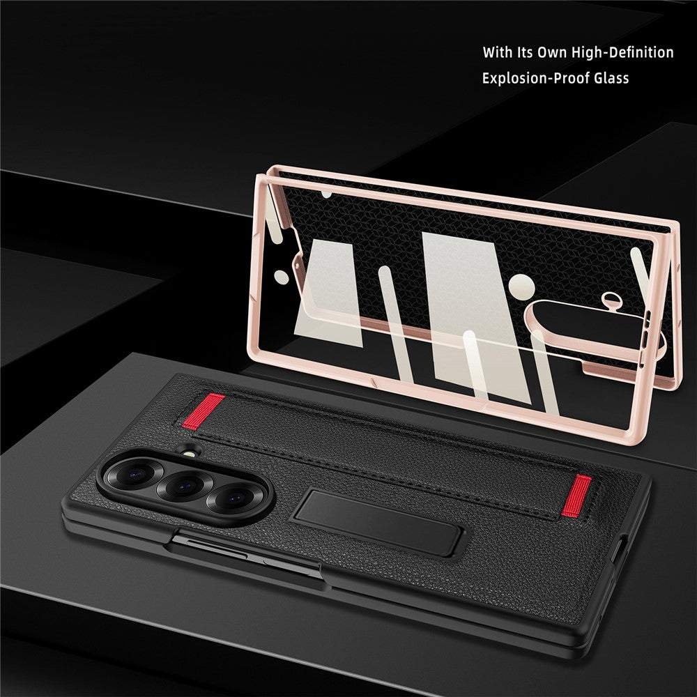 For Samsung Galaxy Z Fold7 5G Case Litchi Texture PU+PC Wristband Phone Cover with Screen  /  Lens Film - Black  /  Red