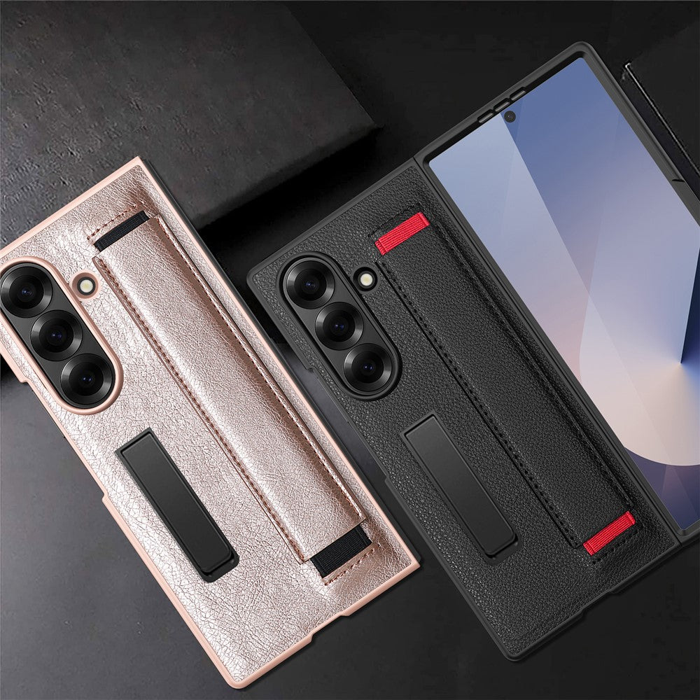 For Samsung Galaxy Z Fold7 5G Case Litchi Texture PU+PC Wristband Phone Cover with Screen  /  Lens Film - Black  /  Red