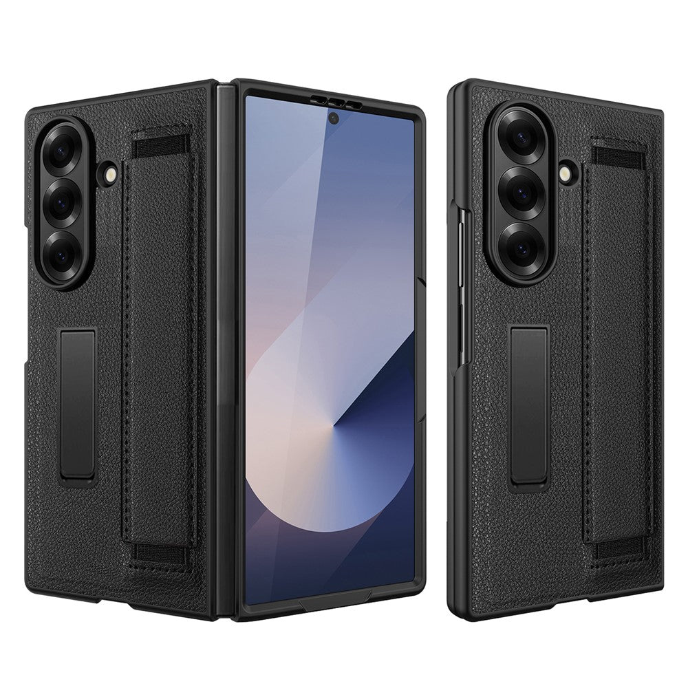 For Samsung Galaxy Z Fold7 5G Case Litchi Texture PU+PC Wristband Phone Cover with Screen  /  Lens Film - Black