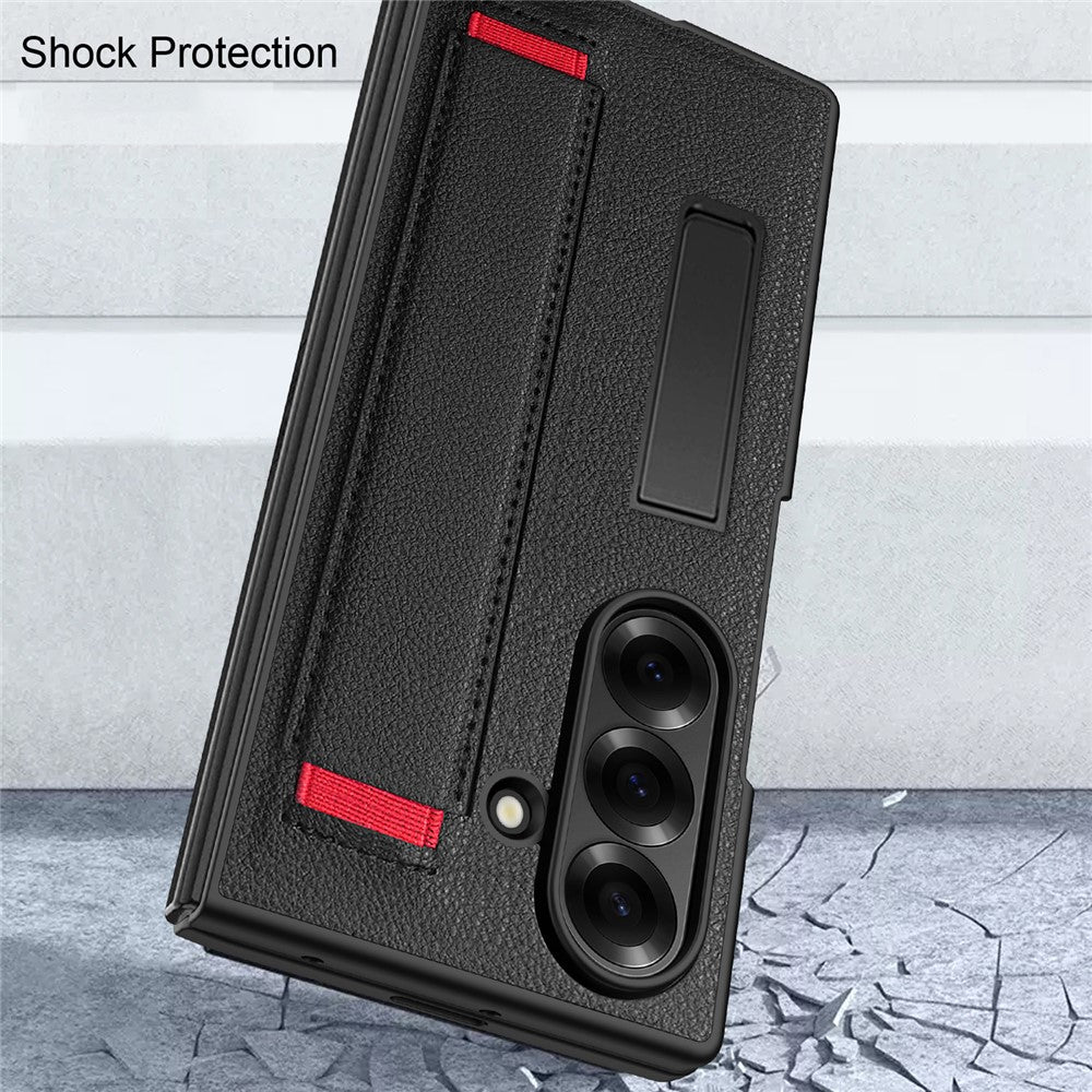 For Samsung Galaxy Z Fold7 5G Case Litchi Texture PU+PC Wristband Phone Cover with Screen  /  Lens Film - Black