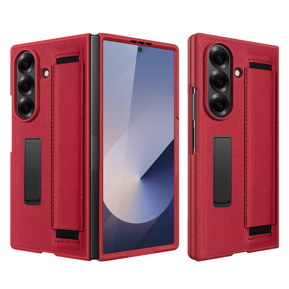For Samsung Galaxy Z Fold7 5G Case Litchi Texture PU+PC Wristband Phone Cover with Screen  /  Lens Film - Red