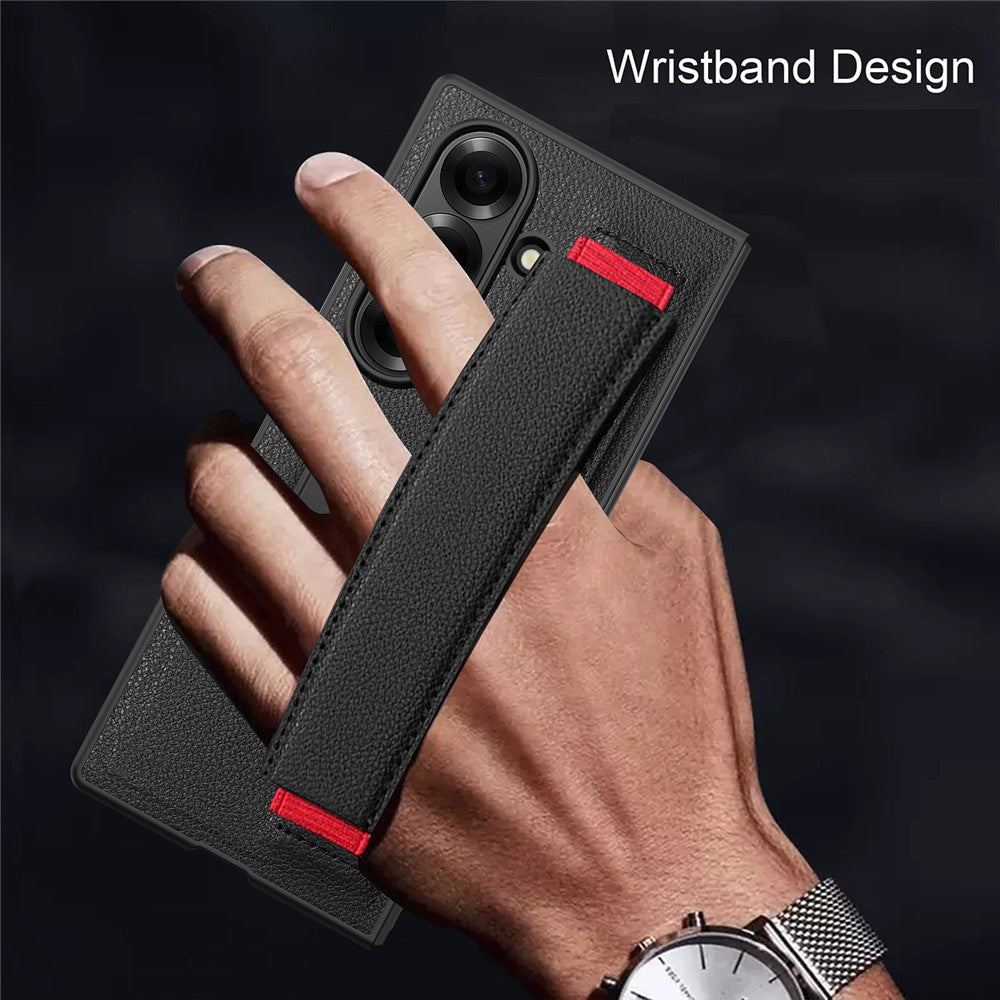 For Samsung Galaxy Z Fold7 5G Case Litchi Texture PU+PC Wristband Phone Cover with Screen  /  Lens Film - Red