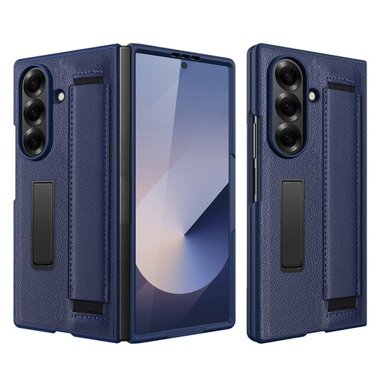 For Samsung Galaxy Z Fold7 5G Case Litchi Texture PU+PC Wristband Phone Cover with Screen  /  Lens Film - Blue