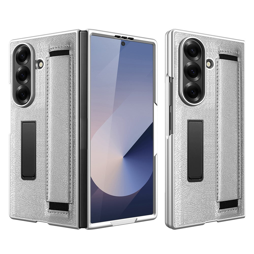For Samsung Galaxy Z Fold7 5G Case Litchi Texture PU+PC Wristband Phone Cover with Screen  /  Lens Film - Silver