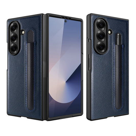For Samsung Galaxy Z Fold7 5G Case Pencil Holder Litchi Texture PU+PC Phone Cover with Screen Film - Blue