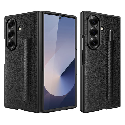 For Samsung Galaxy Z Fold7 5G Case Pencil Holder Litchi Texture PU+PC Phone Cover with Screen Film - Black