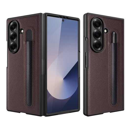 For Samsung Galaxy Z Fold7 5G Case Pencil Holder Litchi Texture PU+PC Phone Cover with Screen Film - Brown