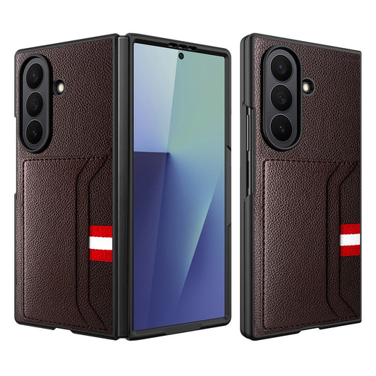 For Samsung Galaxy Z Fold7 5G Case Litchi Texture PU+PC Phone Cover with Screen Film - Brown
