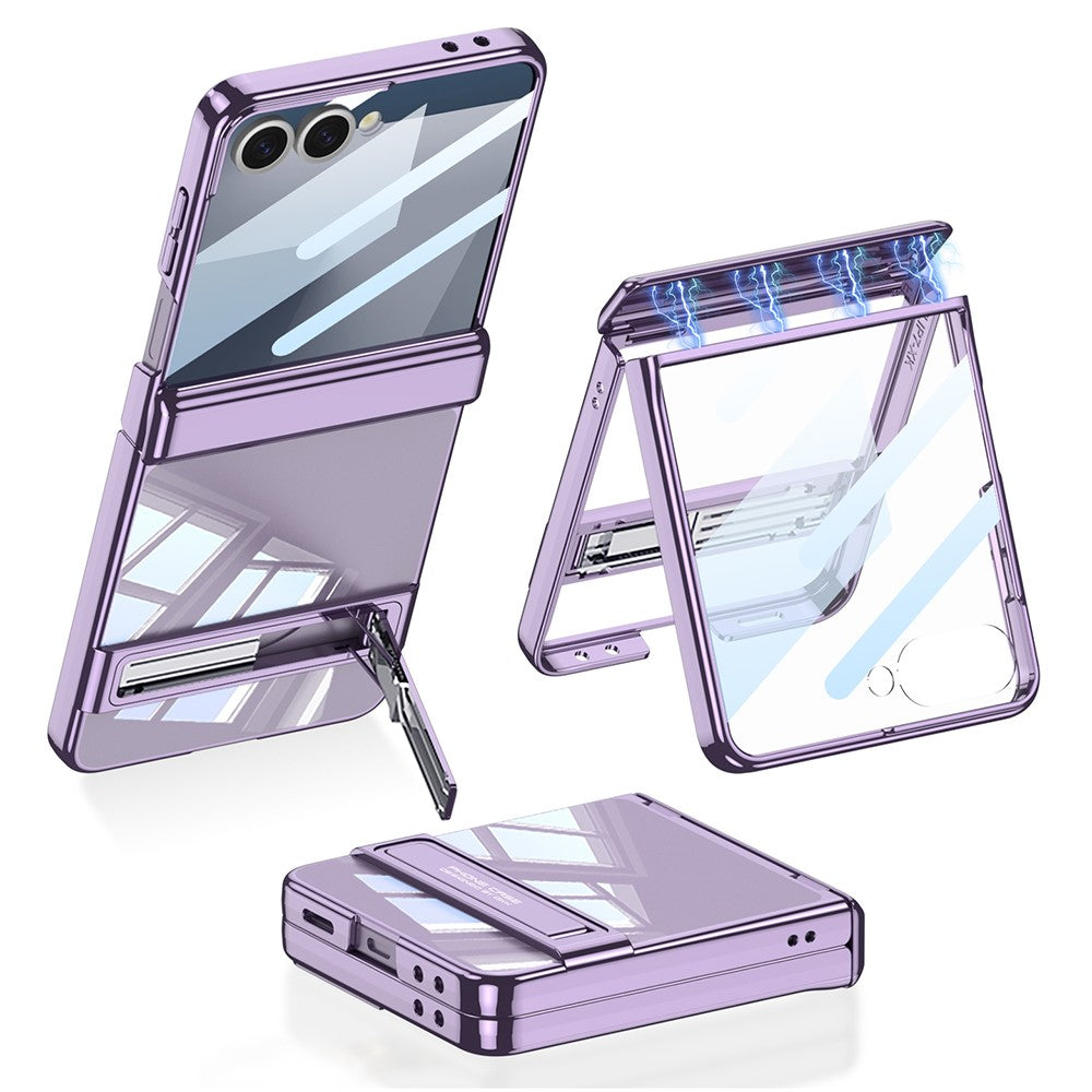 GKK For Samsung Galaxy Z Flip7 5G Case Magnetic Hinge Protection PC Tempered Glass Kickstand Phone Cover - Purple