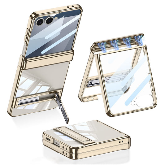 GKK For Samsung Galaxy Z Flip7 5G Case Magnetic Hinge Protection PC Tempered Glass Kickstand Phone Cover - Champagne Gold