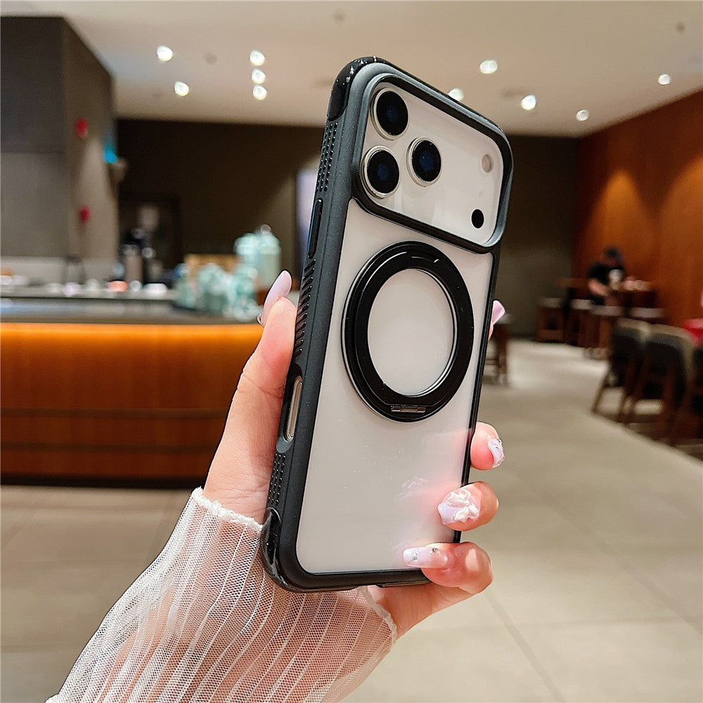 For iPhone 17 Pro Max Magnetic Case Stress Relief Kickstand TPU + PC Transparent Protective Phone Cover - Black