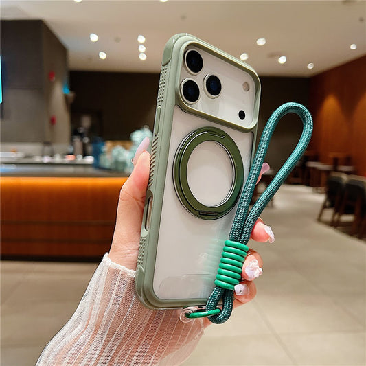 For iPhone 17 Pro Max Magnetic Case Stress Relief Kickstand TPU + PC Transparent Phone Cover with Wrist Strap - Army Green