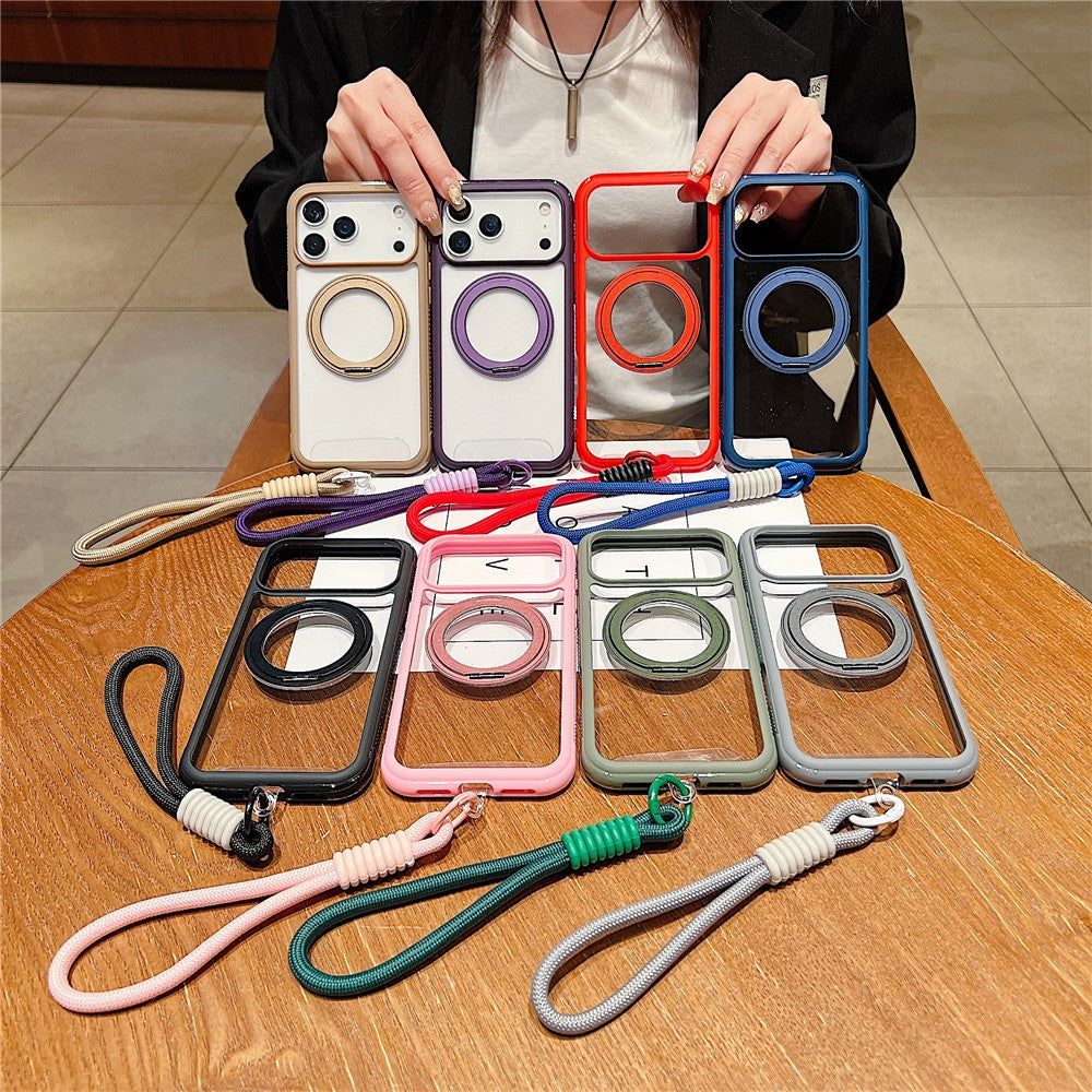 For iPhone 17 Pro Max Magnetic Case Stress Relief Kickstand TPU + PC Transparent Phone Cover with Wrist Strap - Pink