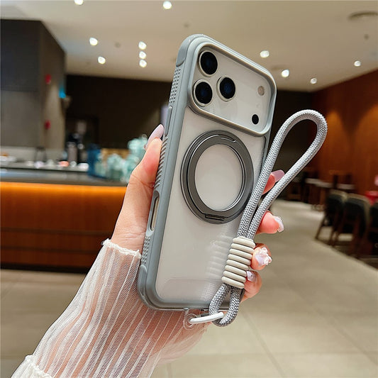 For iPhone 17 Pro Max Magnetic Case Stress Relief Kickstand TPU + PC Transparent Phone Cover with Wrist Strap - Grey