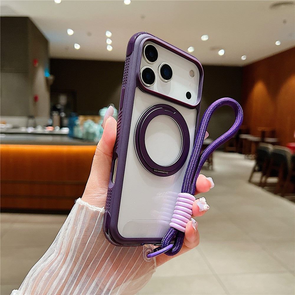 For iPhone 17 Pro Max Magnetic Case Stress Relief Kickstand TPU + PC Transparent Phone Cover with Wrist Strap - Dark Purple