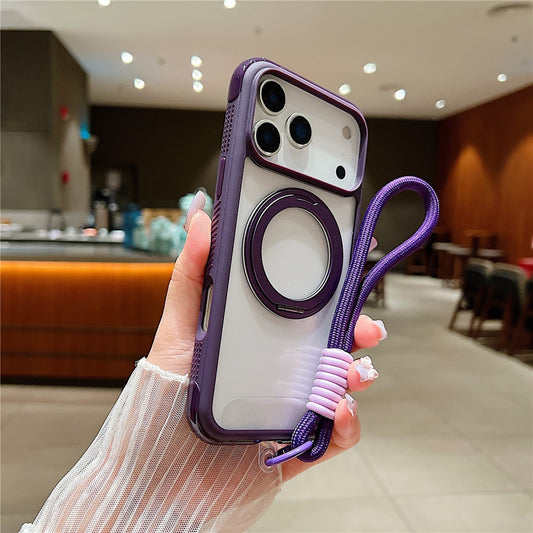 For iPhone 17 Pro Max Magnetic Case Stress Relief Kickstand TPU + PC Transparent Phone Cover with Wrist Strap - Dark Purple