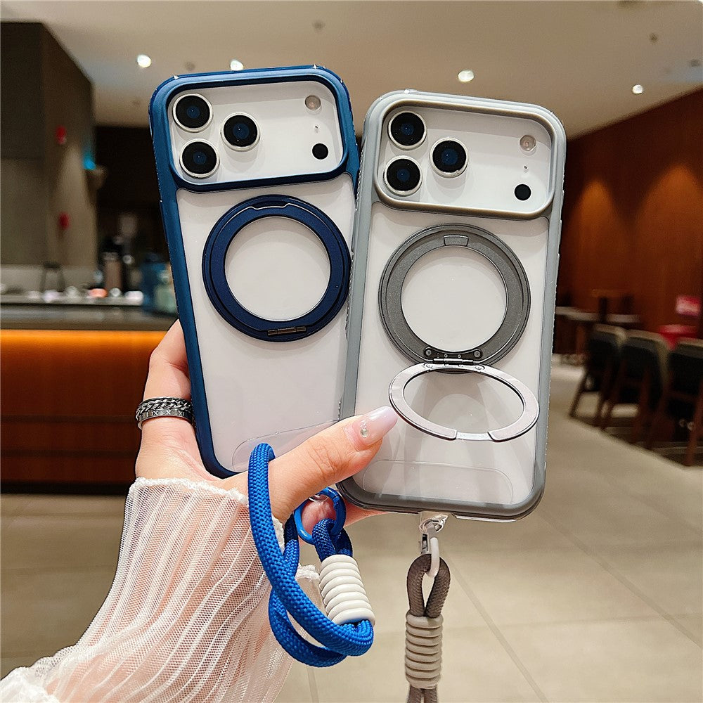 For iPhone 17 Pro Max Magnetic Case Stress Relief Kickstand TPU + PC Transparent Phone Cover with Wrist Strap - Dark Purple