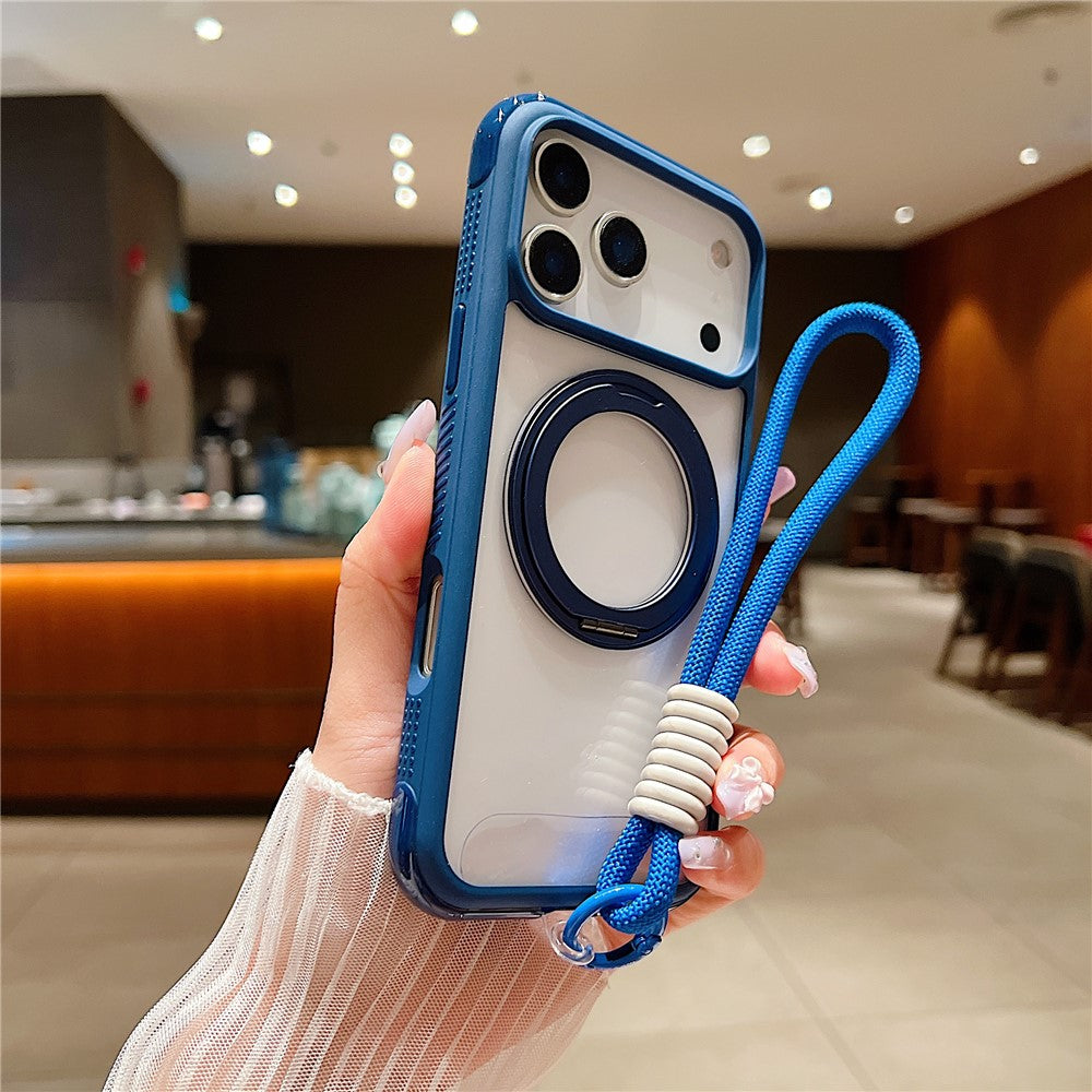 For iPhone 17 Pro Max Magnetic Case Stress Relief Kickstand TPU + PC Transparent Phone Cover with Wrist Strap - Sapphire