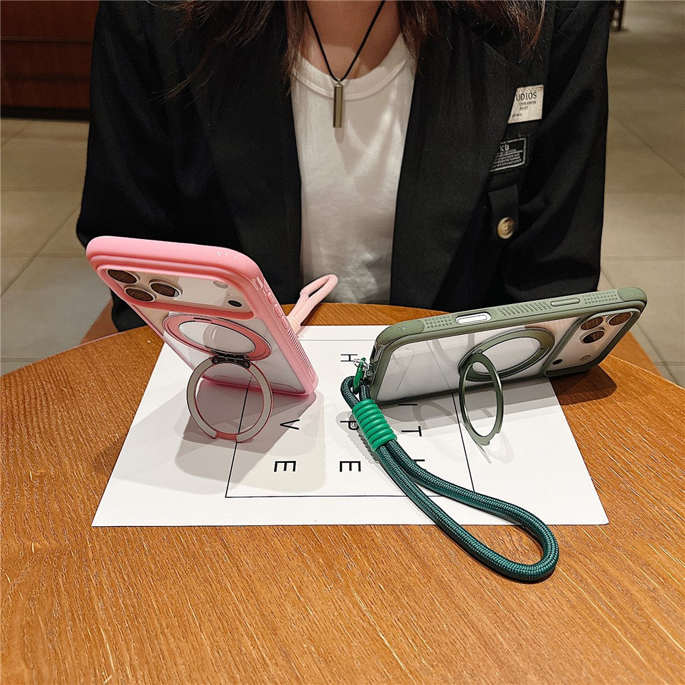 For iPhone 17 Pro Max Magnetic Case Stress Relief Kickstand TPU + PC Transparent Phone Cover with Wrist Strap - Sapphire