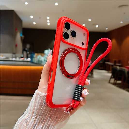 For iPhone 17 Pro Max Magnetic Case Stress Relief Kickstand TPU + PC Transparent Phone Cover with Wrist Strap - Red