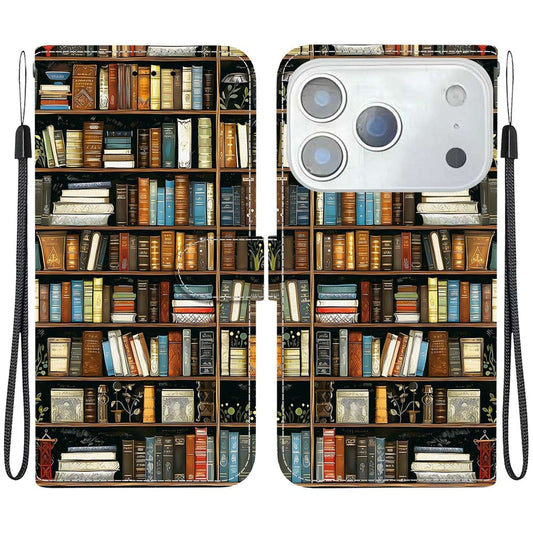 For iPhone 17 Pro Max Leather Case Stand Wallet Pattern Printing Phone Cover with Wrist Strap - Bookshelf
