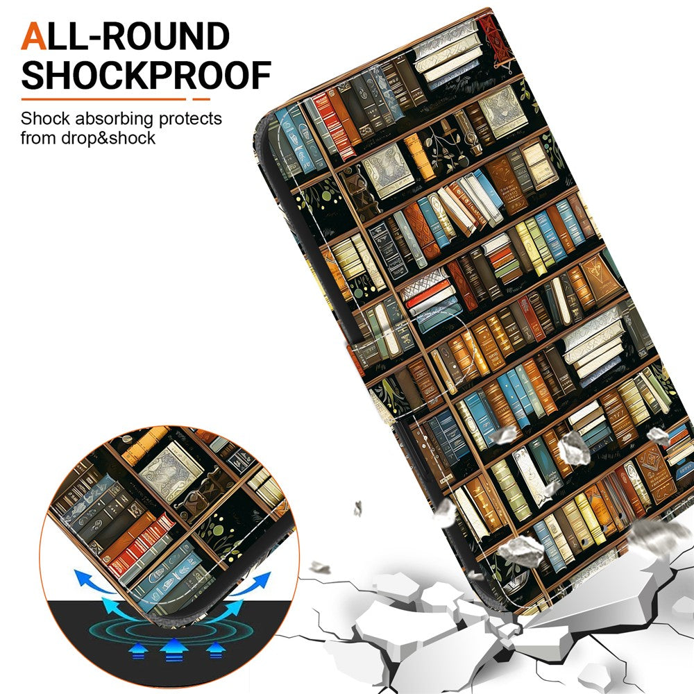 For iPhone 17 Pro Max Leather Case Stand Wallet Pattern Printing Phone Cover with Wrist Strap - Bookshelf