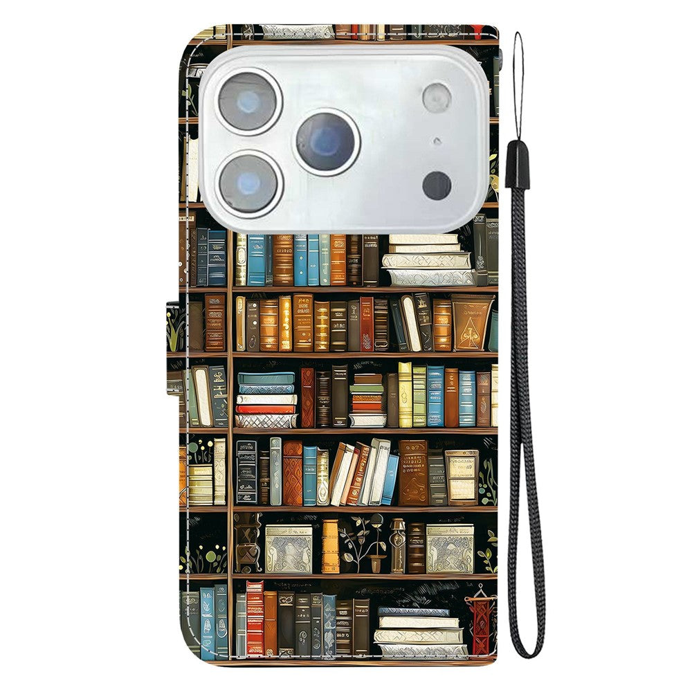 For iPhone 17 Pro Max Leather Case Stand Wallet Pattern Printing Phone Cover with Wrist Strap - Bookshelf