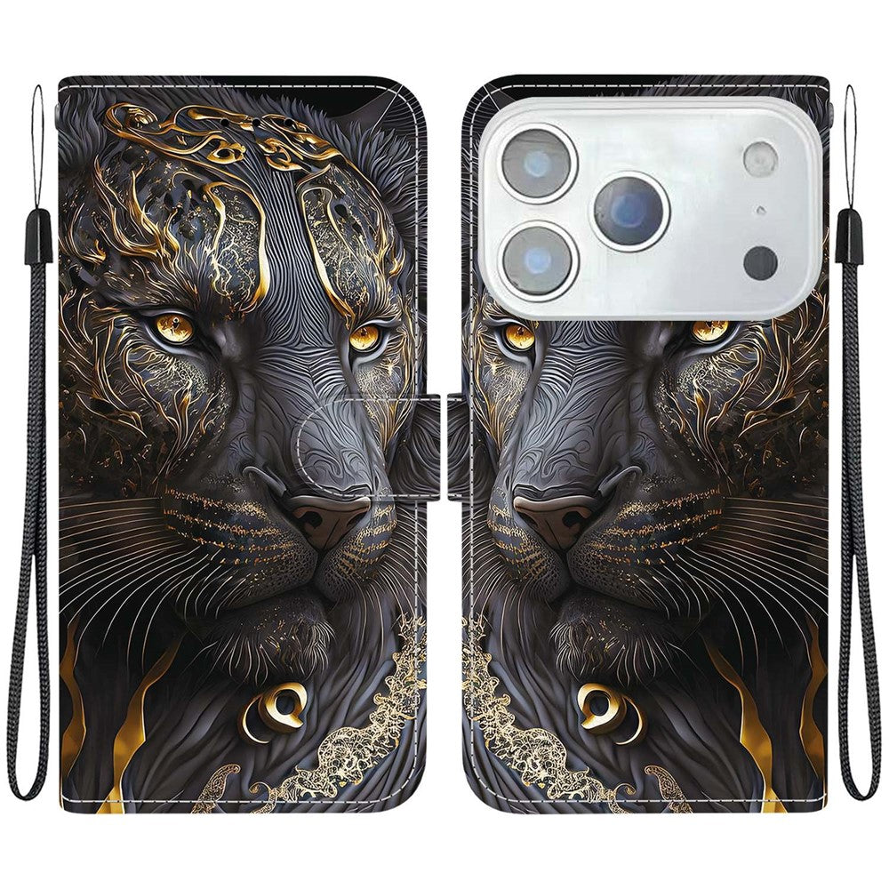 For iPhone 17 Pro Max Leather Case Stand Wallet Pattern Printing Phone Cover with Wrist Strap - Black Gold Lion
