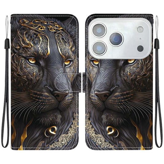 For iPhone 17 Pro Max Leather Case Stand Wallet Pattern Printing Phone Cover with Wrist Strap - Black Gold Lion